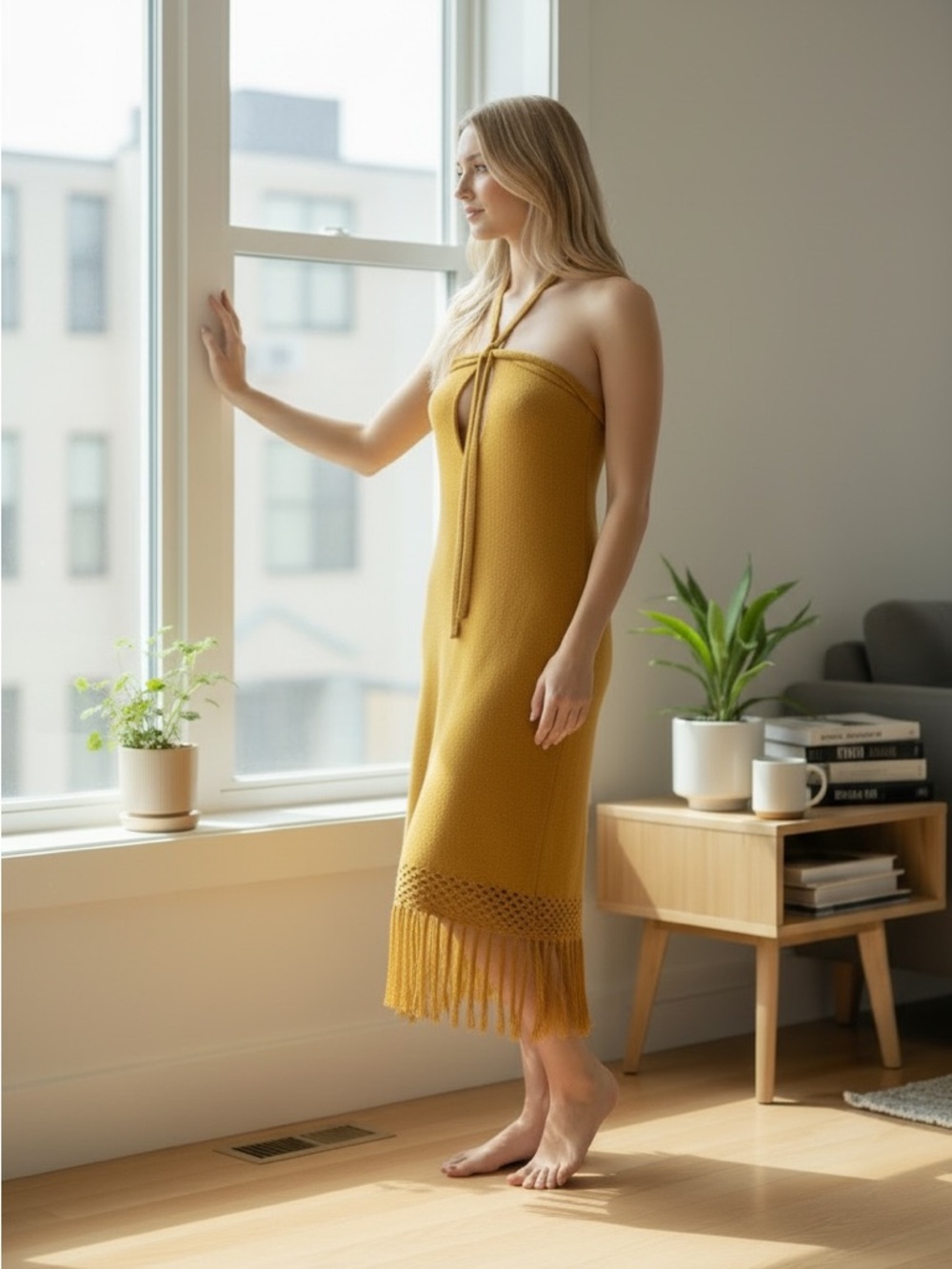 Ashley Stewart Mustard Yellow Strapless Fringe Knit Dress